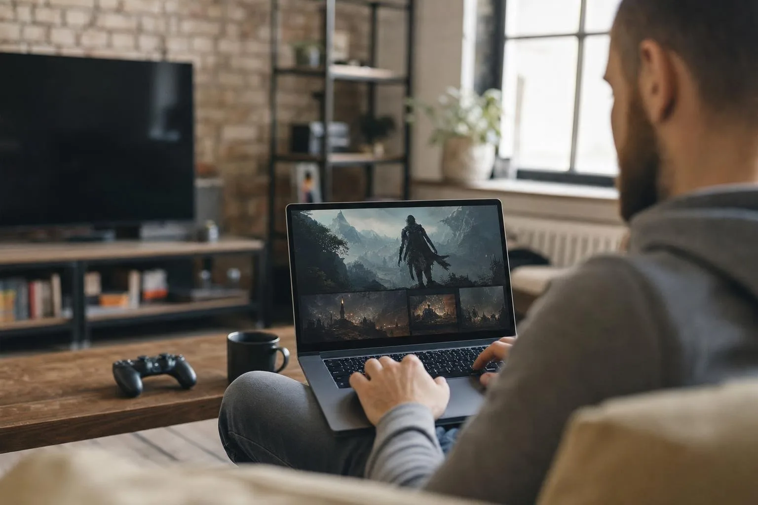 A backlit gaming setup glowing in a dark room
